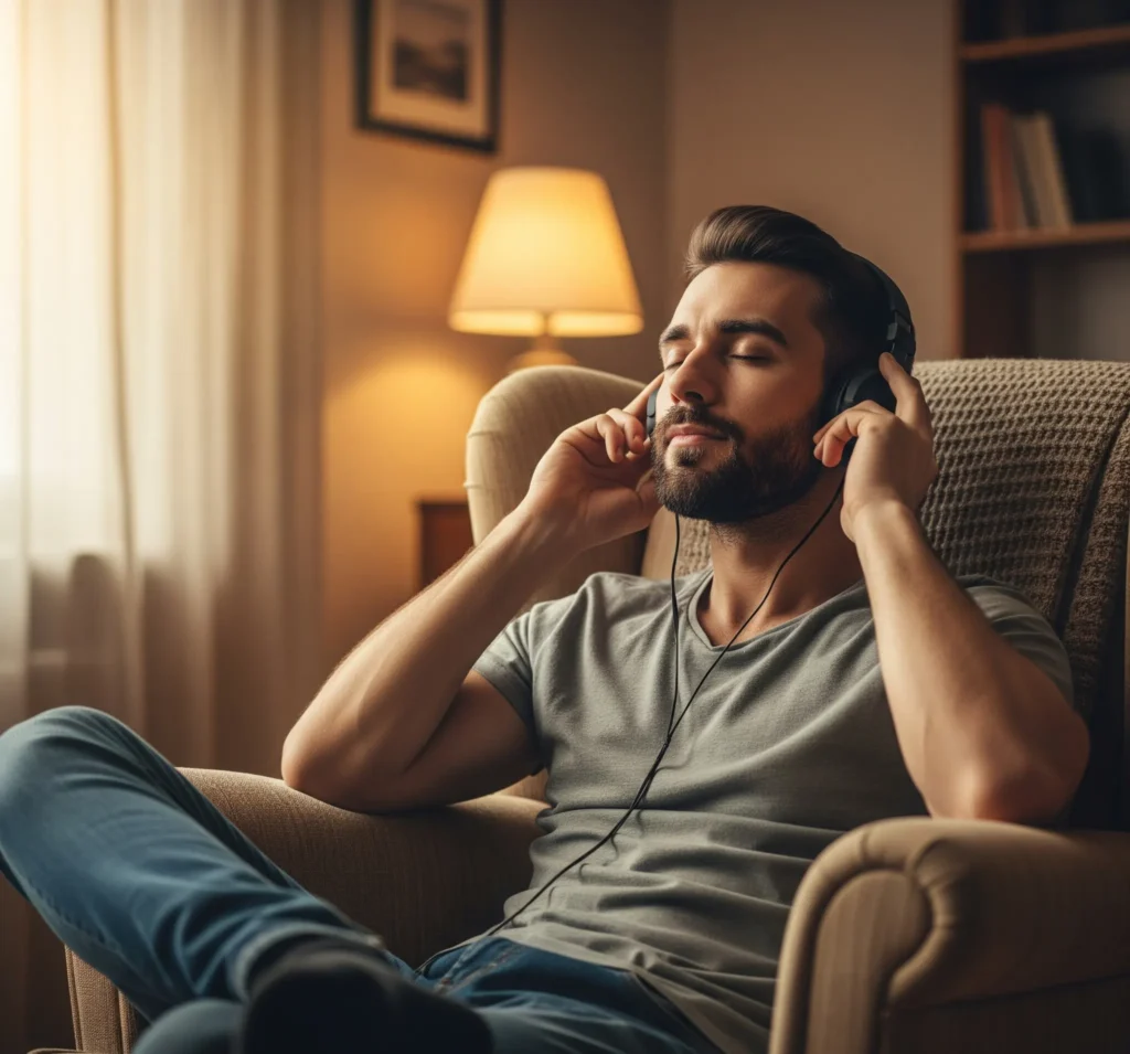 فرد نشسته روی مبل در حال گوش دادن به موسیثی با هدفون بر روی گوش ها