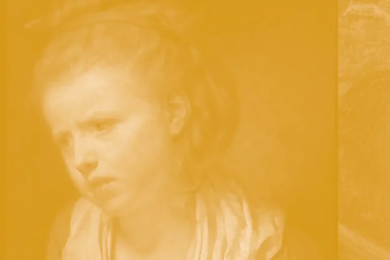 This is a bust-length depiction of a young girl, perhaps around ten years of age. The girl is attired fairly plainly in a green dress with a white collar or neckerchief, and her hair is pulled away from her face and secured with a green ribbon. She is slightly turned so that her face is depicted in three-quarter profile, and she looks away from the viewer, frowning slightly.
