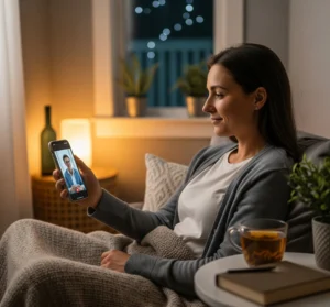 A person sitting in a cozy, private space at home, looking calm and secure while having a therapy session on their phone, symbolizing privacy and the reduction of social stigma in seeking mental health support
