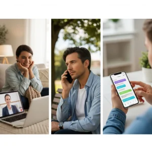 A split-screen image showing three different methods of online therapy a person in a video call with a therapist, another person on a phone call for counseling, and a third person using a text-based therapy app on a smartp